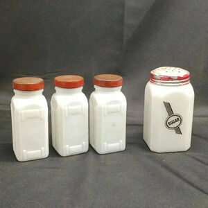 Set of 4 Vintage Milk Glass Spice Containers Sugar Jar